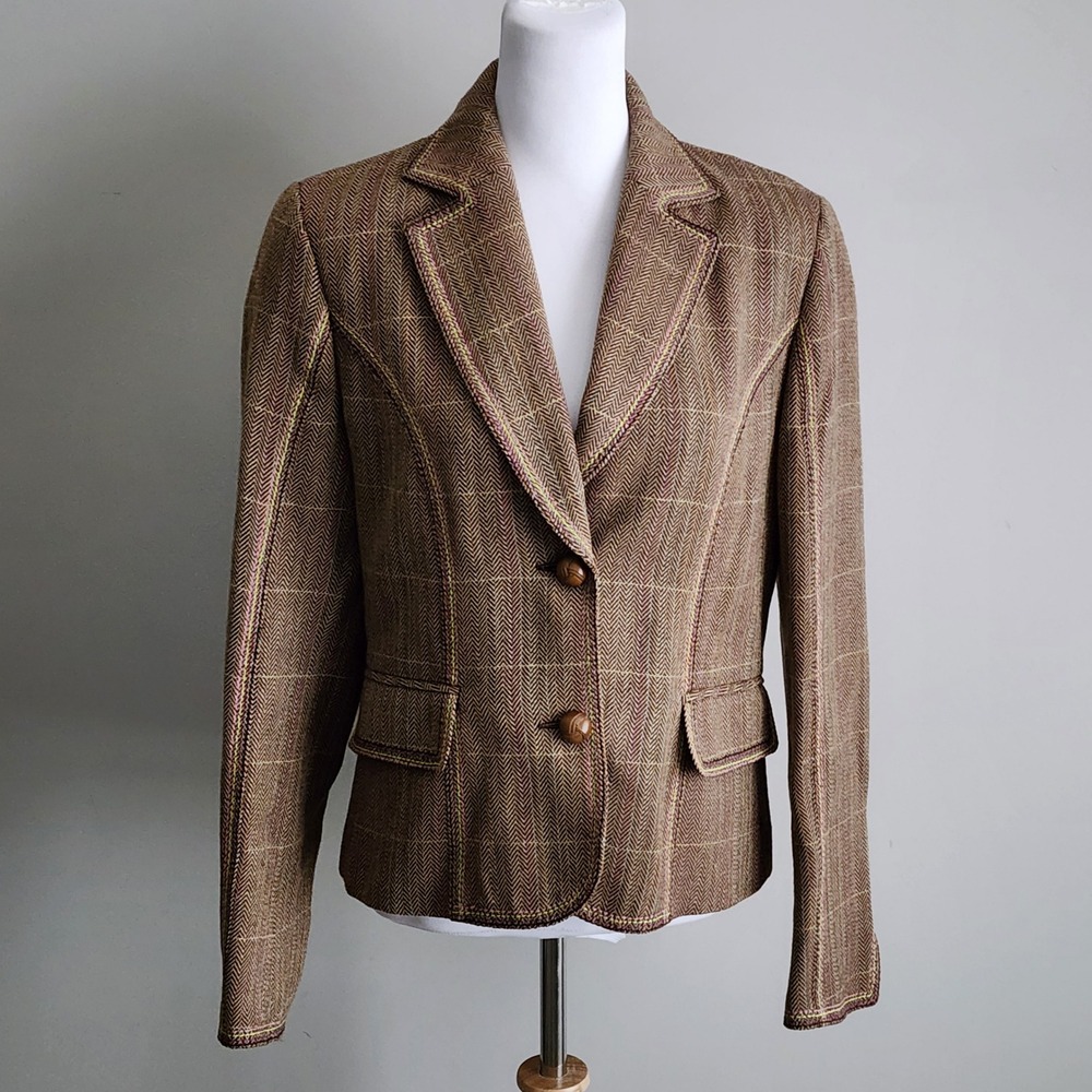 Luisa Cerano Wool Herringbone Blazer Womens 8 Brown Plaid Italy Old Money Luxury